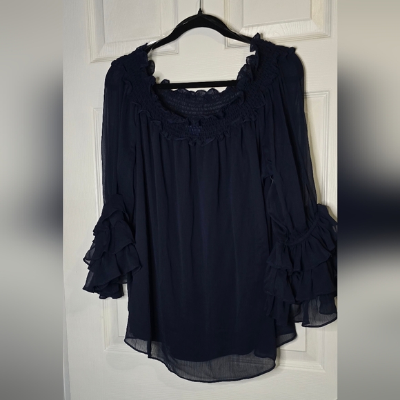 CeCe Navy Blouse with Ruffle Sleeves Navy Blue - Picture 1 of 6